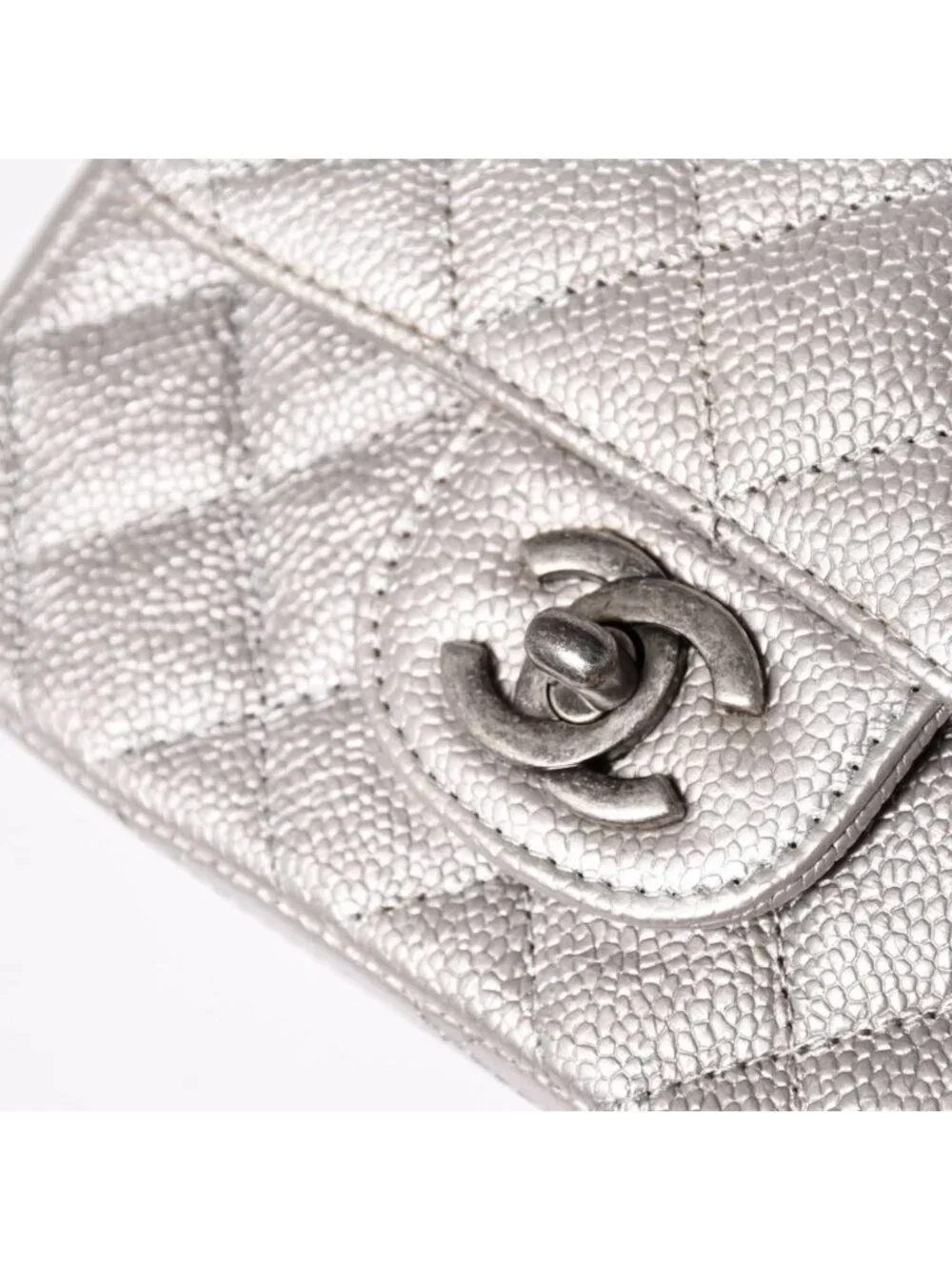Chanel Mini Quilted 17 S Flap S Chain Shoulder Bag CC Logo Caviar Leather Silver